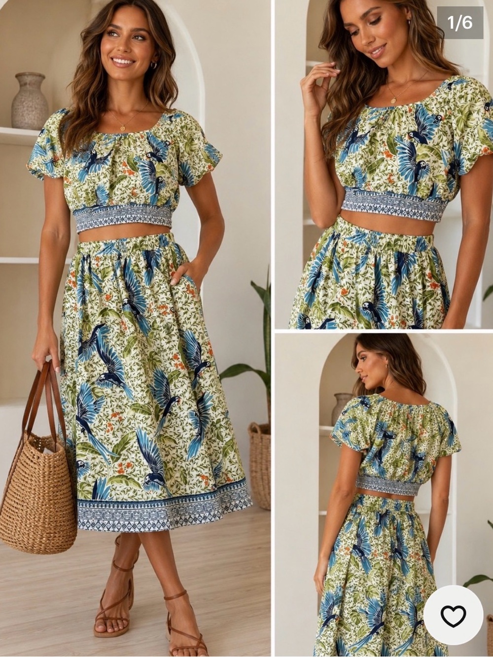 Alex Marie Blue and Green Tropical Bird Print Midi Skirt & Top Set